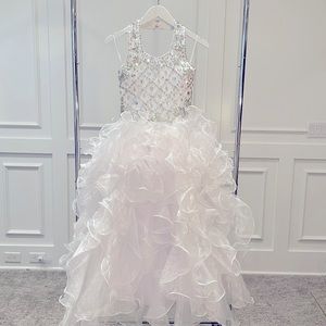 White pageant dress. Princess dress. Halter top, corset tie. Sequin gem bodice.